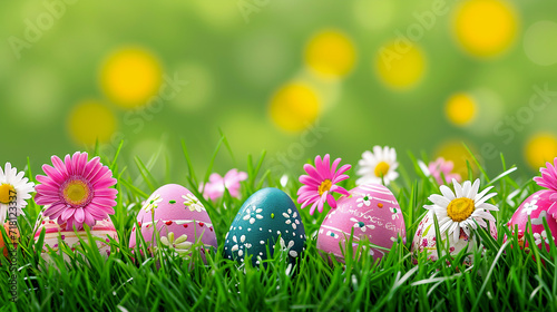 Bright Easter banner with painted Easter eggs and spring flowers in green grass against the background of blurred yellow lights, festive mood, spring atmosphere, copyspace