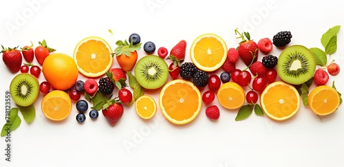 rows of fresh fruit in the photo on a white background. generative AI