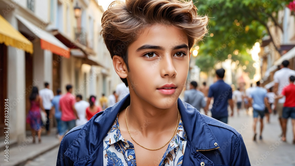 young boy with hair style portrait , teen boy style concept , fashion, style and people concept
