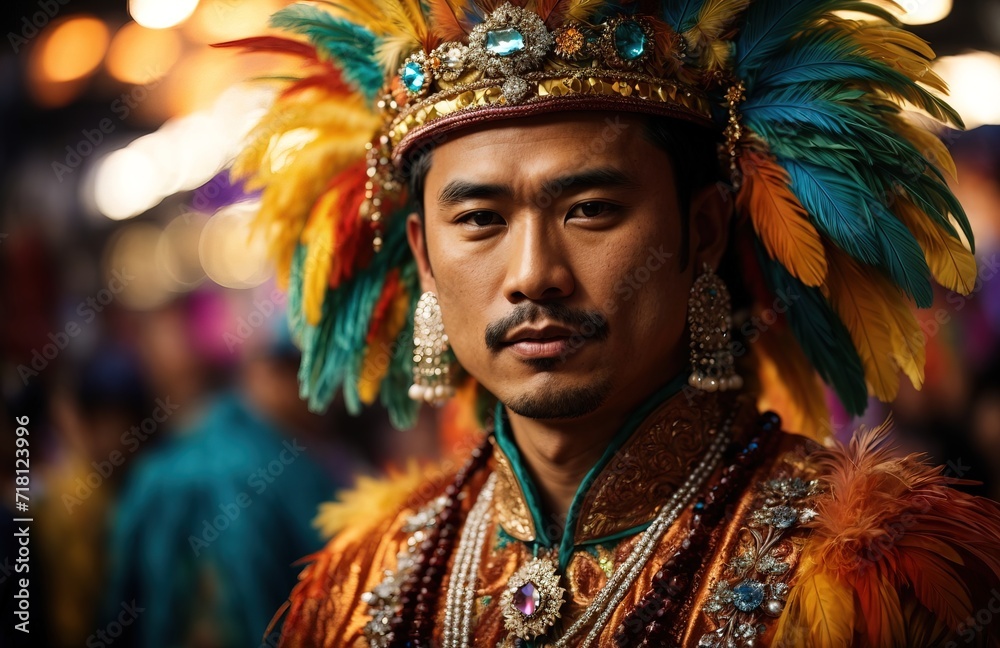 Fototapeta premium Man in carnival costume with feathers and jewelry