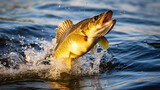 Walleye fish jumping out of river water