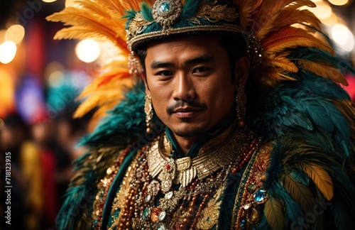 Man in carnival costume with feathers and jewelry