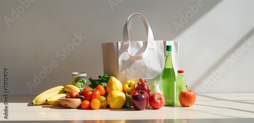 A white bag decorated with fresh fruit beside it in front of a textured light brown wall. generative AI © original logo