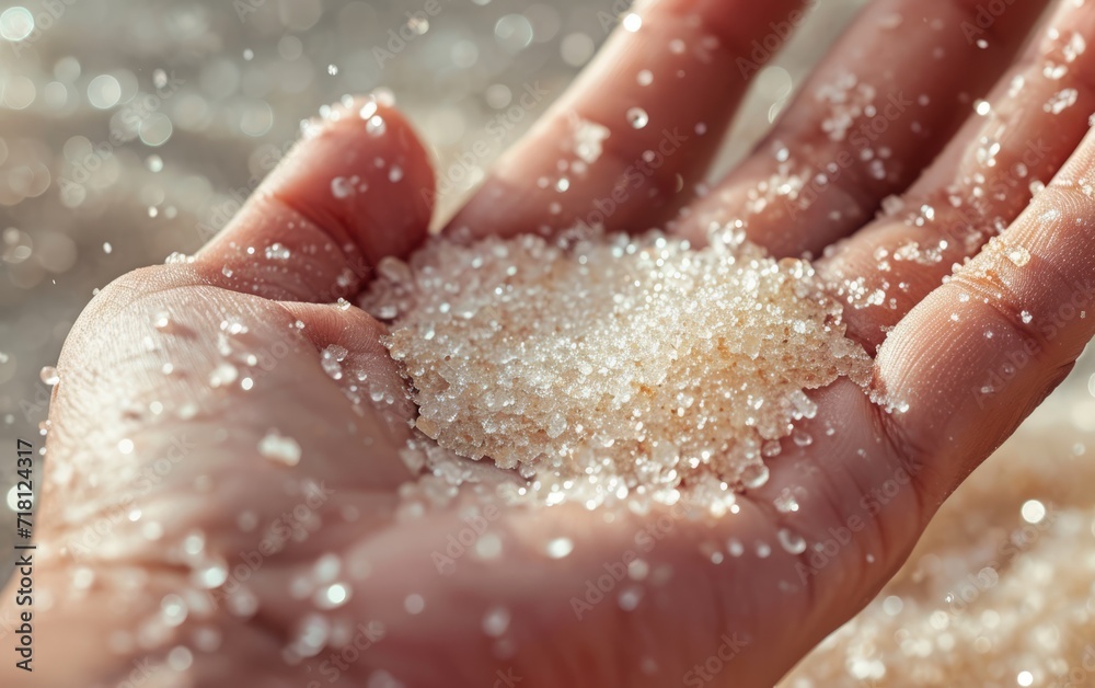 Close-up of a hand with small granules of sugar peel Close-up of a hand with small granules of sugar peel