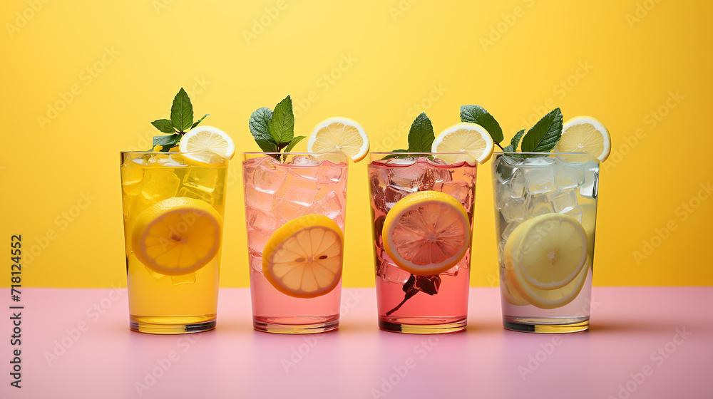 Top view lemonade with colorful pastel background Top view lemonade with colorful pastel background
