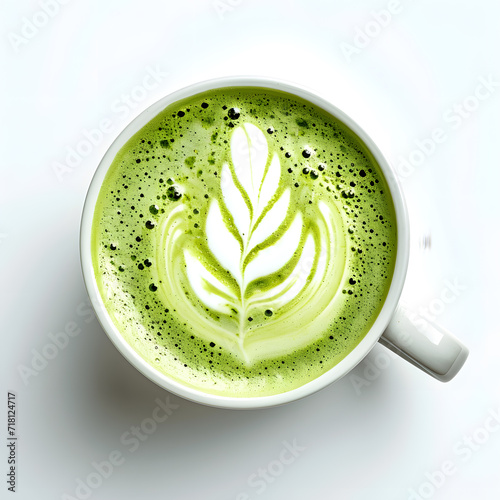 Matcha latte cup  top view isolated on white background