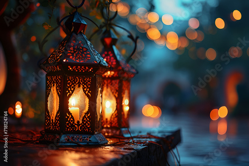arabic lantern of ramadan celebration background, islamic golden lantern on dark background, eid mubarak, Eid al Adha, glowing light in the evening. Wallpaper and banner background, Generative AI