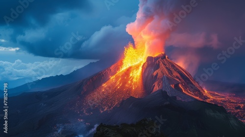 Captivating image of a volcanic eruption with molten lava flowing, showcasing the raw power and beauty of nature's fiery spectacle © Lars