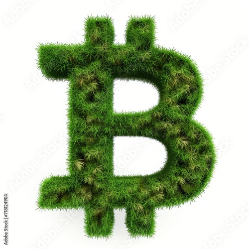 Green Fur Bitcoin Sign isolated on White Background. Photorealistic Cryptocurrency Coin Sign on white backdrop. Square Illustration. Ai Generated Digital Currency and Blockchain 3D Symbol.
