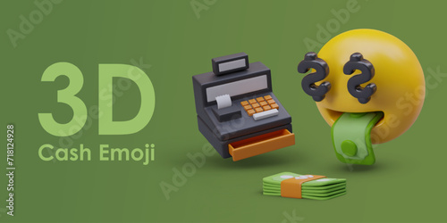 3D cash emoji. Vector emoticon looking shocked at stack of green bills. Mouth full of money. Realistic cash register. Concept of big profit, successful business. Banner with place for text