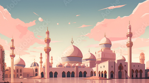 Dark mosque silhouette on colorful red and violet sunset sky and clouds background, vector banner illustration, View of mosque during sunset, Generative AI