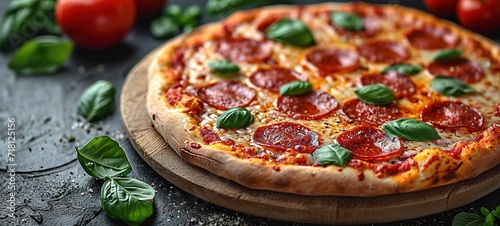 Delicious pepperoni pizza on a dark background, sausage pizza, italian pepperoni pizza in pizzeria