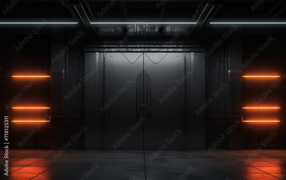 A room with black walls decorated with orange lines shining brightly next to them. generative AI A room with black walls decorated with orange lines shining brightly next to them. generative AI