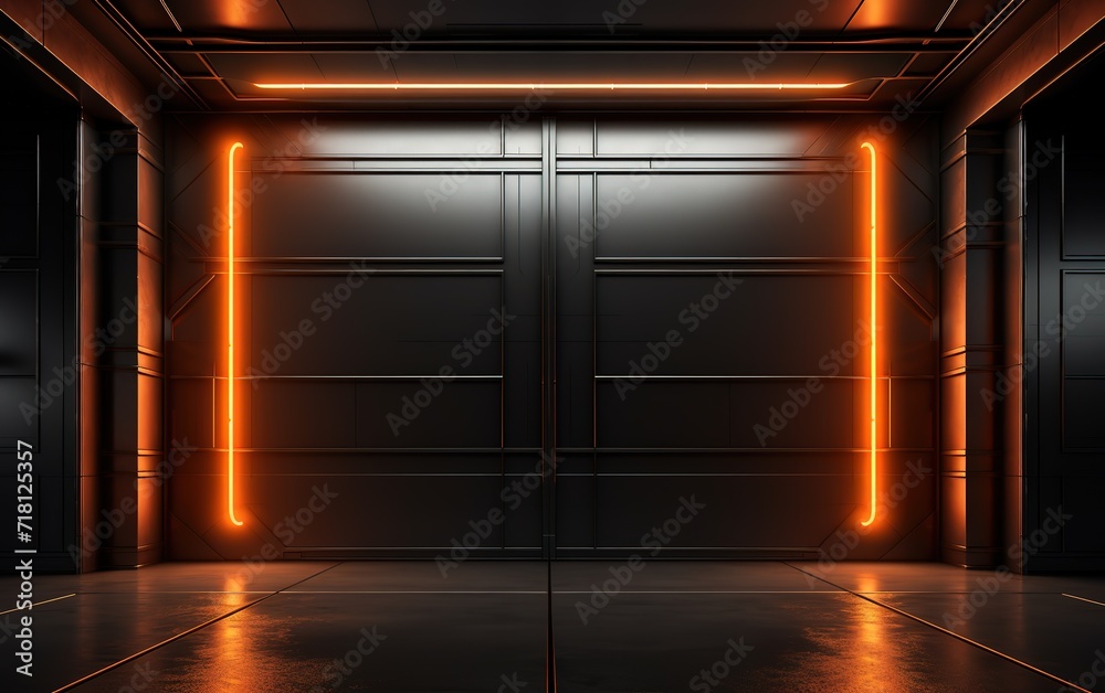 Fototapeta premium A room with black walls decorated with orange lines shining brightly next to them. generative AI