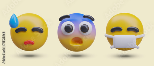 Emoticons are sick. Illness, fear, shock. Set of reactions for unpleasant conditions. Colored faces for messengers, chats, forums. Isolated vector illustrations, icons
