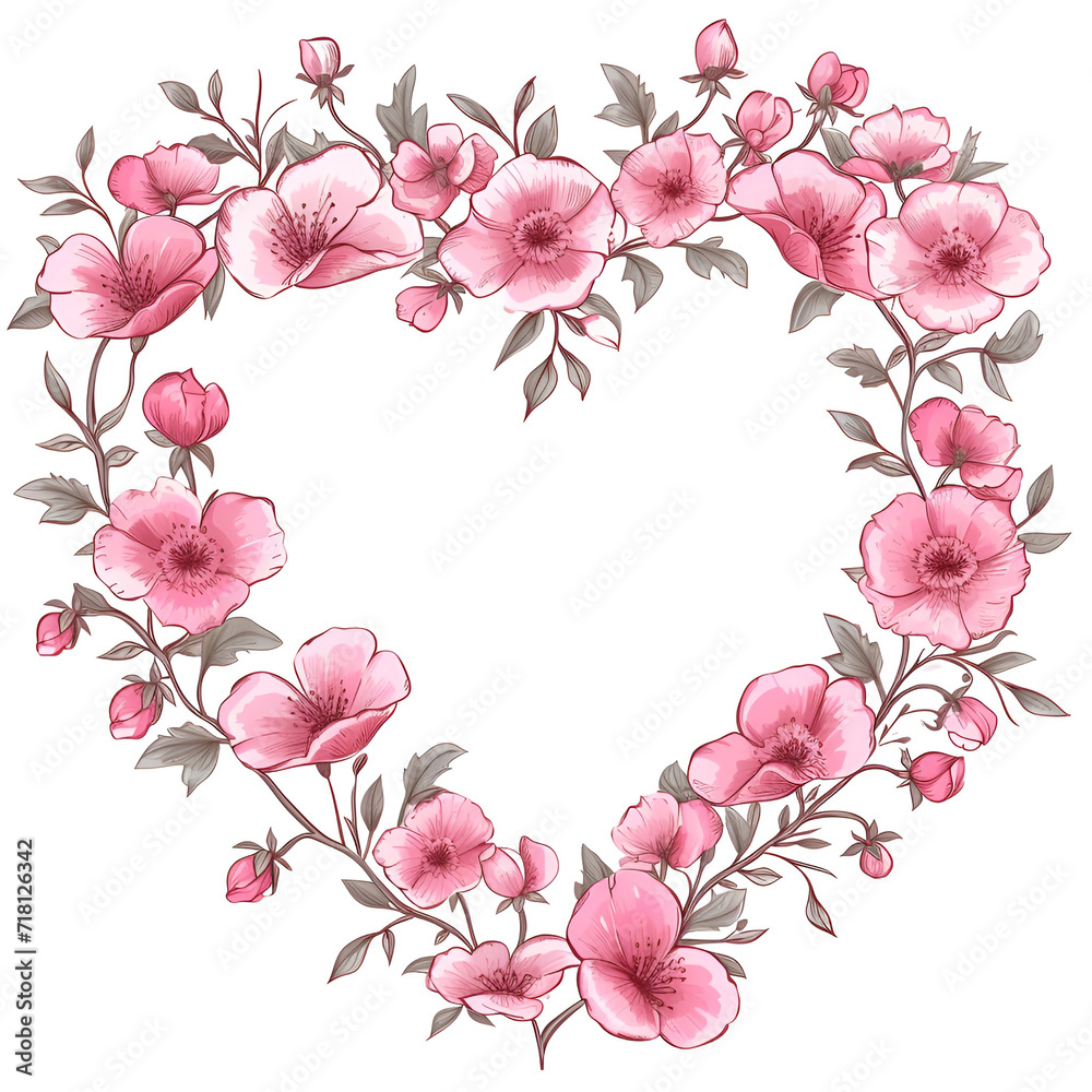 Beautiful pink flowers heart shape frame for valentine day card decor