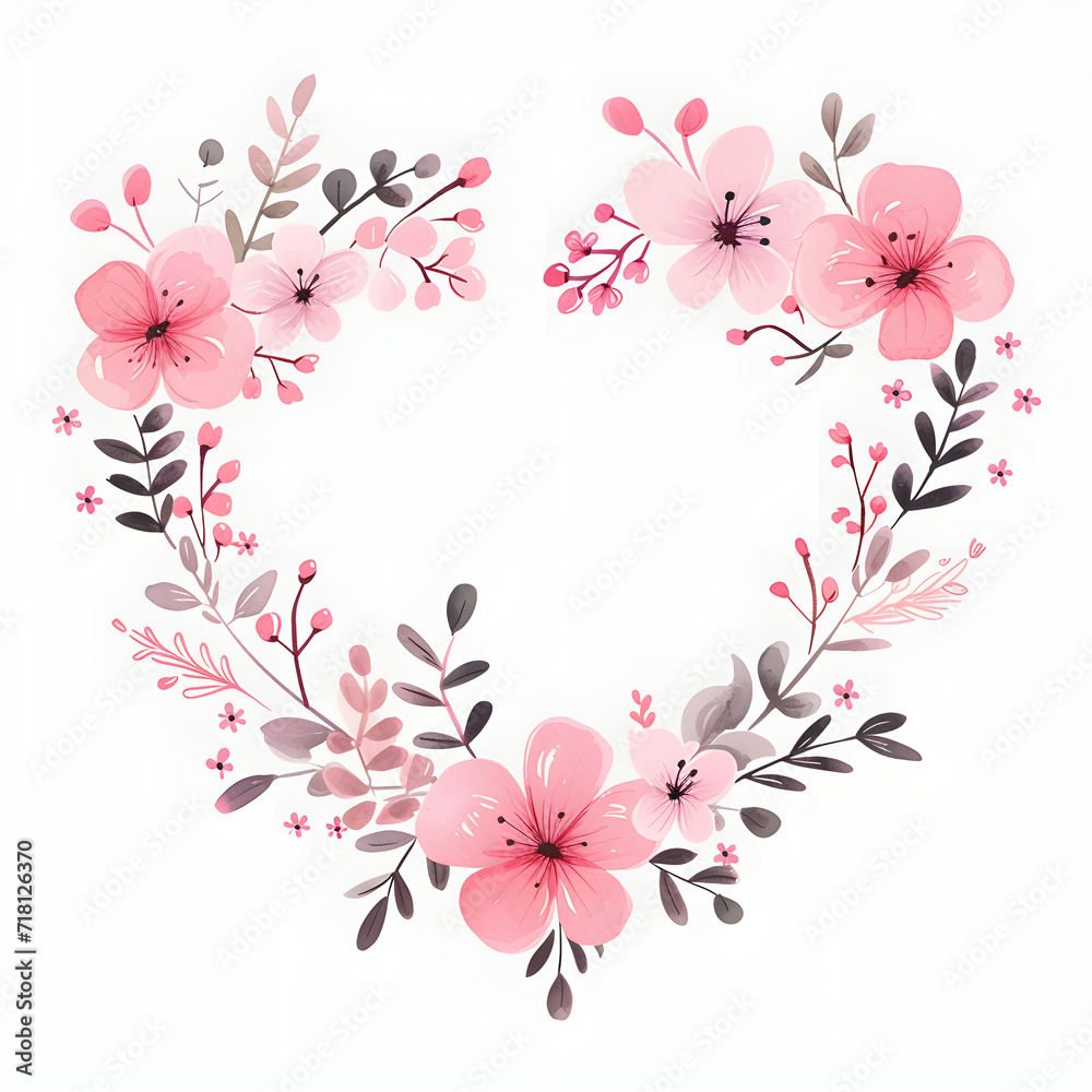 Beautiful pink flowers heart shape frame for valentine day card decor