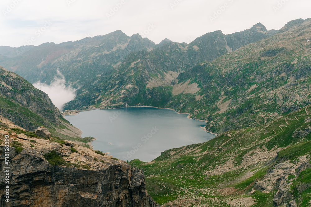 Panoramic view on Lake Artouste, a semi-artificial lake in the Pyrenees mountains, National Park of Pyrenees, France