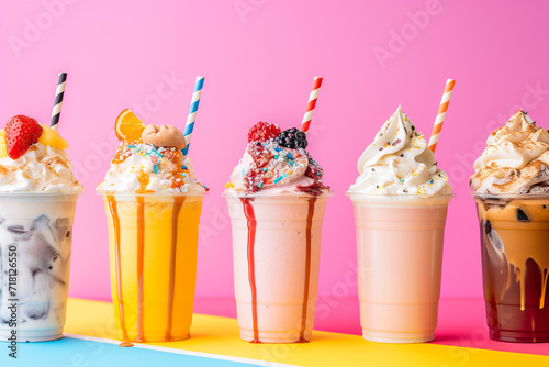 mega milkshake topped with cream on pink isolated background background. food drink and dessert concept for cafe and restaurent, Glasses of tasty milkshake on table. Pink wall