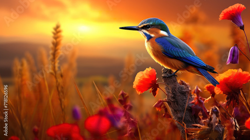 impressive epic sunset inspired kingfisher artwork, beautiful design