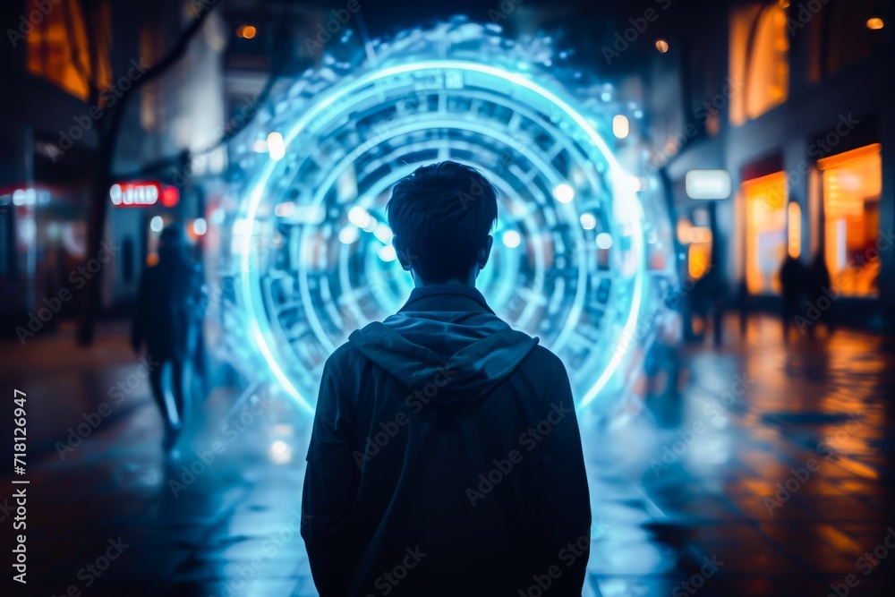 A man stands facing a large, glowing futuristic circle on a city street at night, surrounded by vibrant neon lights.