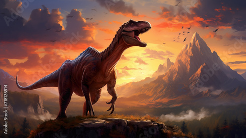 epic wallpaper artwork showing a dinosaur screaming on top of the mountain in front of a sunset © Sternfahrer