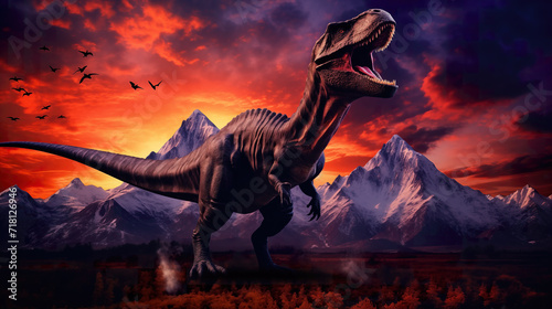 epic night wallpaper showing a trex screaming in front of mountains