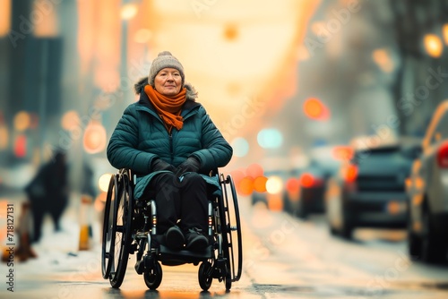 An elderly woman in a wheelchair smiling warmly on a city street during winter, representing mobility and independence. photo
