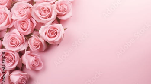 Flat lay top view pink roses  isolated on a pastel background for Valentine s Day  International Women s Day  Mother s Day card or background