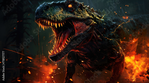 epic dangerous gaming inspired trex screaming at the volcano explosion © Sternfahrer