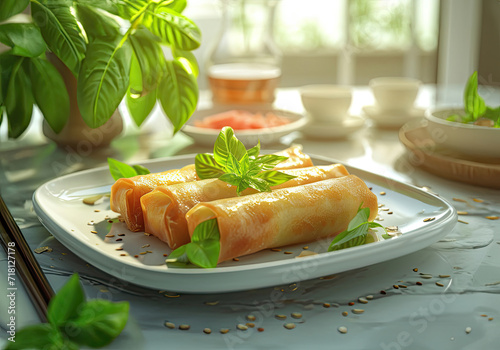 Delicious fried spring rolls with parsley on a plate, on top of a marble table, teapot and tea cups in the background, in daylight photo
