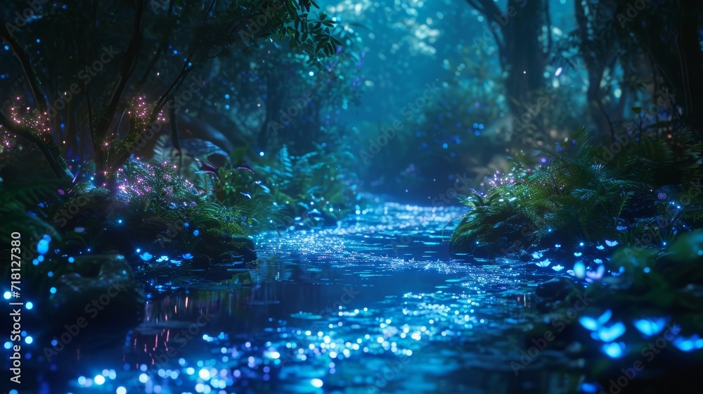 Glowing Blue Lights Illuminate Forest Stream at