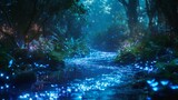 Glowing Blue Lights Illuminate Forest Stream at