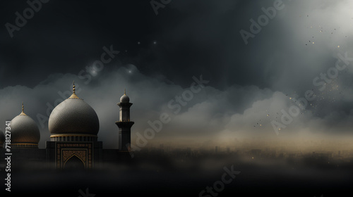 Dark mosque silhouette on colorful red and violet sunset sky and clouds background, vector banner illustration, Paper cut vector illustration, Generative Ai