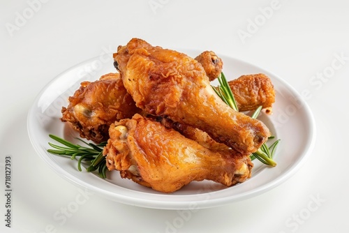photo of fried chicken on the plate, clean white background