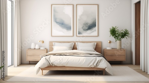 3D render of a Scandinavian-style poster frame in a neutral-toned bedroom with clean lines and natural textures © GraphixOne
