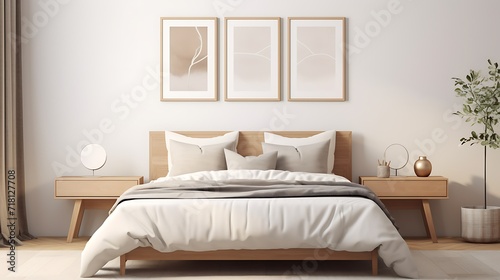 3D render of a Scandinavian-style poster frame in a neutral-toned bedroom with clean lines and natural textures