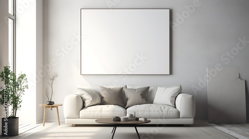 3D render of a sleek and modern poster frame in a minimalist living room with monochromatic color scheme
