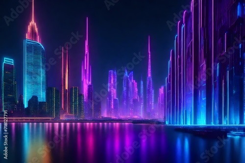 Abstract neon cityscape with futuristic skyscrapers © ryuu
