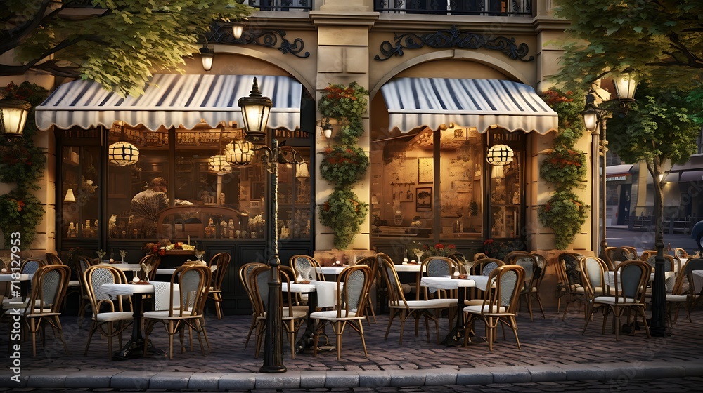 3D render of a vintage poster frame in a Parisian-themed restaurant with French bistro chairs and cobblestone streets outside
