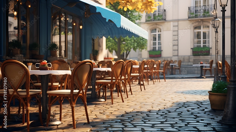 3D render of a vintage poster frame in a Parisian-themed restaurant with French bistro chairs and cobblestone streets outside