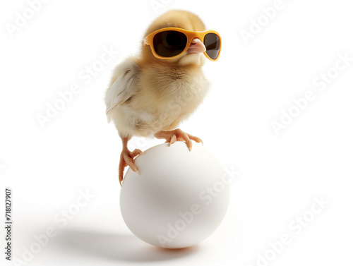 Chick wearing sunglasses steps on a white egg isolated on white background. Clear light. Generative Ai