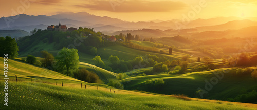 Countryside sunset in green hills of spring fields with old castle farm and mountains on background of evening landscape