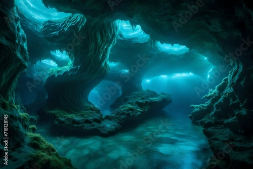 Wavy underwater caverns with bioluminescent creatures © ryuu