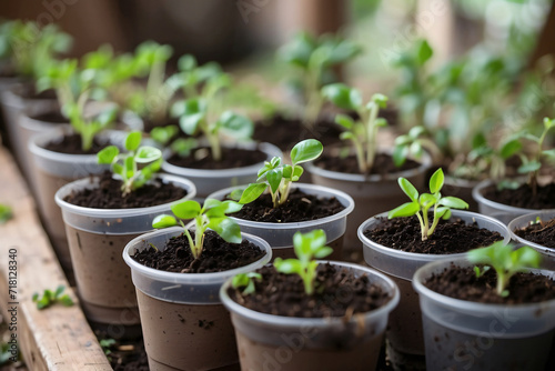 tree shoots in plastic pots filled with soil