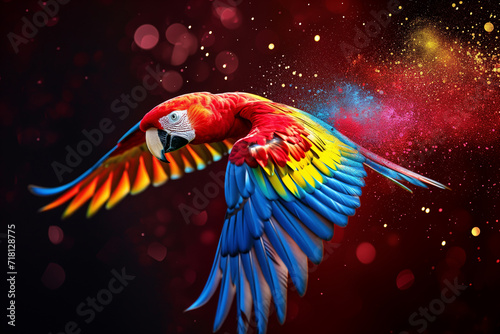 Scarlet macaw parrot flying isolated on black background. Extreme close-up of colorful parrot flying from splash of paint, creativity concept. A captivating splatter art composition featuring a parrot © Nataliia_Trushchenko