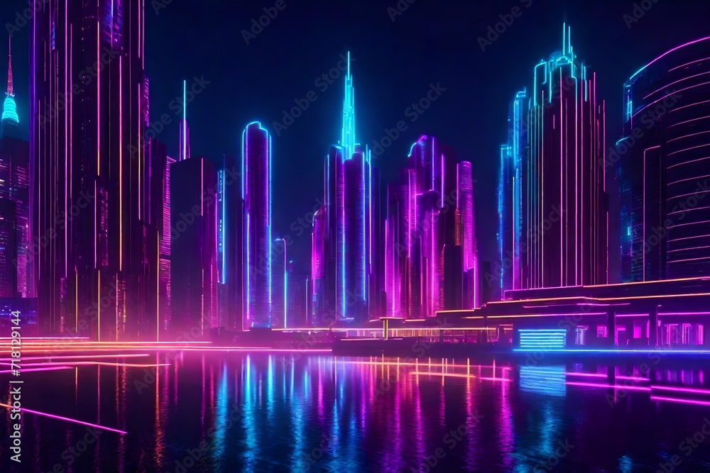 Abstract neon cityscape with futuristic skyscrapers