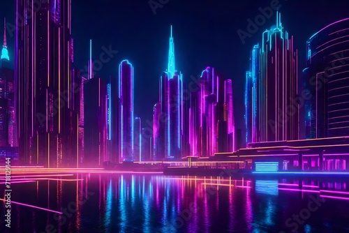 Abstract neon cityscape with futuristic skyscrapers © ryuu