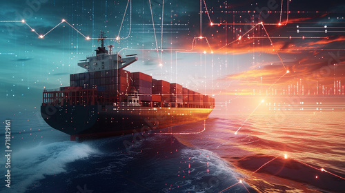 A cargo ship with a digital tracking system interface overlay, logistics, dynamic and dramatic compositions, with copy space photo