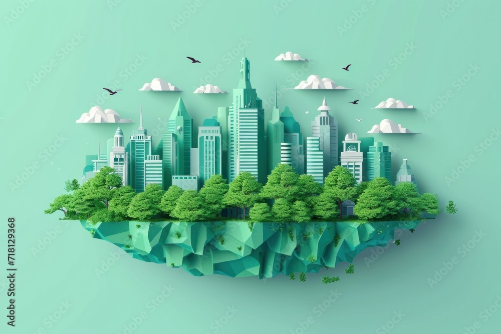 Paper art of green city with tree and cloud in paper art style
